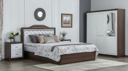 Bedroom interior showcasing bed wardrobe nightstand in neutral tones in a modern style in a well lit room