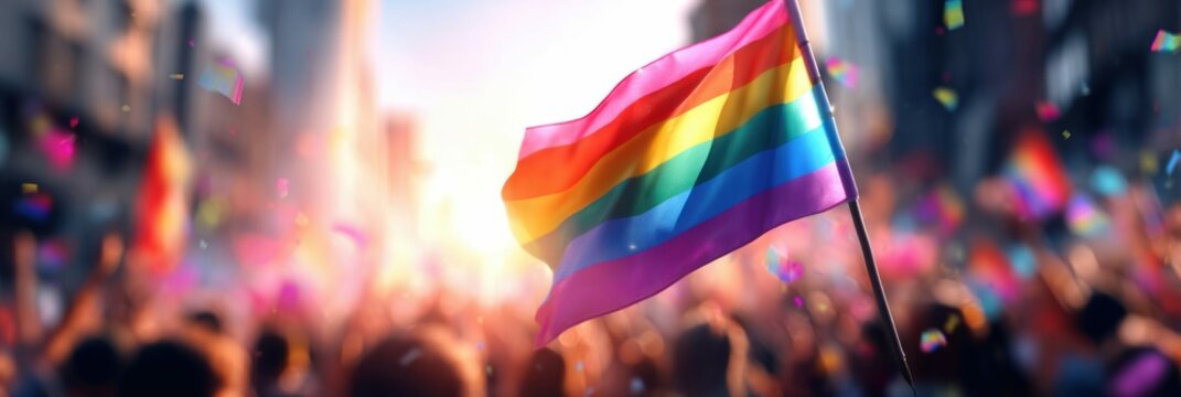 A rainbow pride flag flies high above a festive crowd, celebrating love and unity.