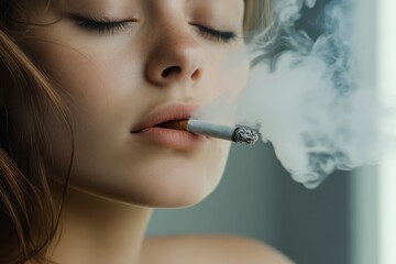 Obraz premium Close-up of a young woman exhaling smoke while enjoying a cigarette indoors during the evening hours
