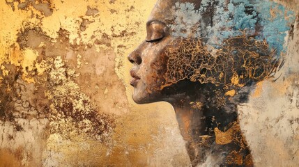 A serene female profile, overlaid with textures, showcasing a golden hue.