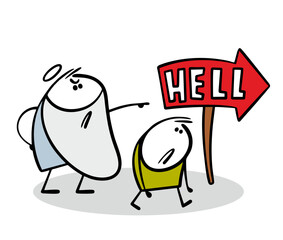 Strict saint drives a sinner out of paradise and shows him the way to hell with his finger. Vector illustration of God and the unfortunate stickman. A pointer with a red arrow and an inscription.