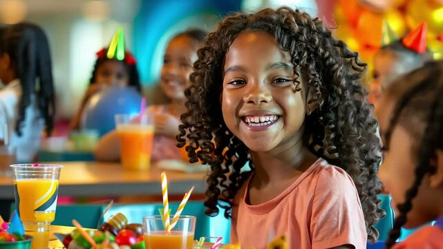 Afro american cheerful young girl with braided hair and earrings smiles brightly while sitting in a school cafeteria