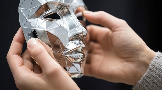 A close-up shot of a silver geometric mask, held gently between two hands.