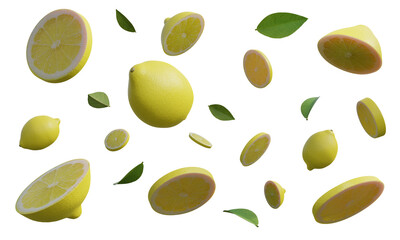 Lemon sliced with leaves floating on transparent background, 3D render