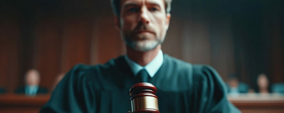 The judge, gavel in hand, presides over the courtroom, ready to deliver justice with focused intent.