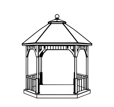recommend clip art: Garden Gazebo: A detailed line art illustration of a classic wooden gazebo. Evokes the charm of outdoor relaxation and architectural detail.