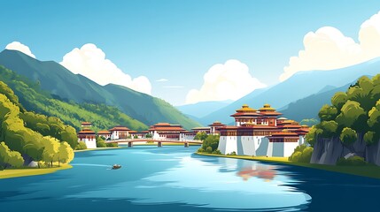 Fototapeta premium Bhutanese River Valley Landscape.