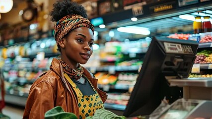 Afro american woman with purchases near the cash register at a grocery store - Powered by Adobe