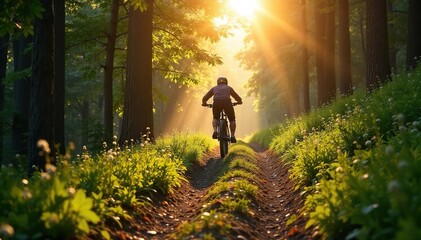 Mountain bike on a trail, sunlight dappled through trees , scenery, recreation