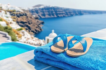 Naklejka premium Relaxing sandals on towel overlooking Santorini caldera and Aegean Sea in Greece summer vacation travel destination