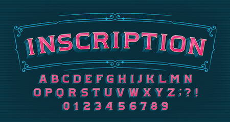 Inscription alphabet font. Vintage letters and numbers. Vector typeface for your typography design.