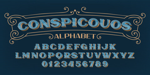 Conspicuous alphabet font. Vintage slab serif letters and numbers. Vector typeface for your typography design.