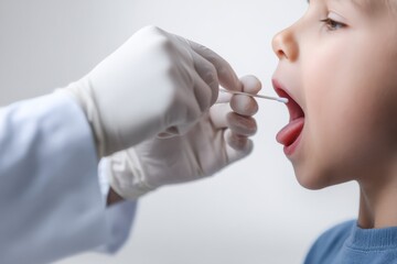 Health professional conducts throat test on child in clinic during routine check-up