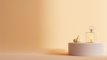 white podium in a seamless orange studio background, small carved pumpkin, no shadows, minimal Halloween theme