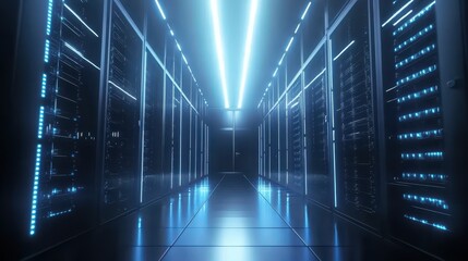 Server Room Perspective with Blue Lights and Data Racks in a Data Center for Cloud Computing and Information Technology