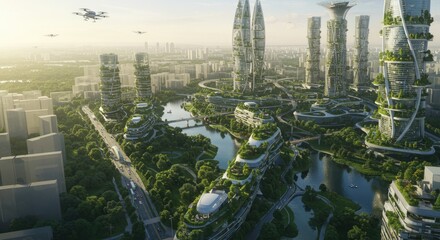 Obraz premium Aerial view of a sustainable futuristic city with lush greenery integrated into the architecture