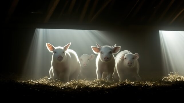 Adorable piglets bathed in natural light amidst straw in a barn
