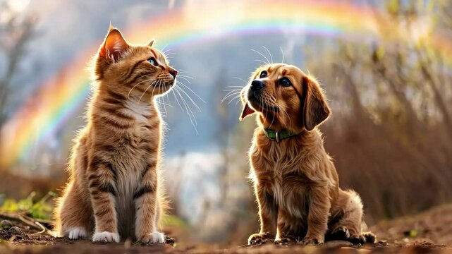 A kitten and a puppy sit side by side on grass, gazing at a rainbow in the sky