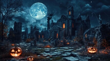 Eerie Halloween Night in a Deserted Village: Spooky Ruins Under a Blue Moon