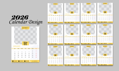 2026 wall calendar design, 12 page calendar design template, vector. creative minimal business monthly. desk, wall calendar for print, digital calendar or planner. Week start on saturday