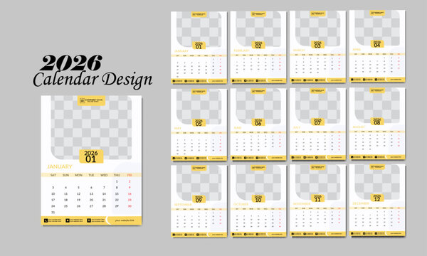 2026 wall calendar design, 12 page calendar design template, vector. creative minimal business monthly. desk, wall calendar for print, digital calendar or planner. Week start on saturday