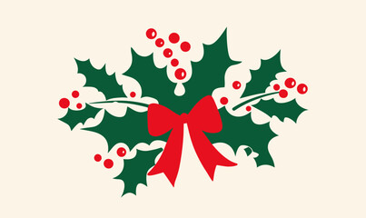 Christmas holly branch with red berries and festive red bow flat minimalist vector illustration seasonal holiday decoration design element for greeting cards