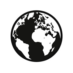 Minimalist black and white Earth globe icon showing continents Europe, Africa, and parts of the Americas in flat vector style on white background for global, environmental, and geographic concepts