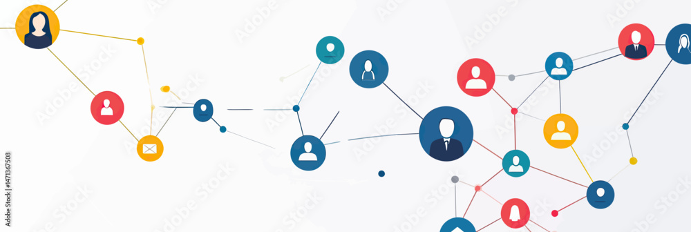 Poster abstract social network connection concept with colorful user icons and communication nodes represen