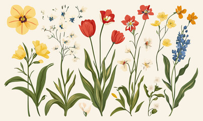 Flat minimalist vintage style floral illustration with tulips, wildflowers, bluebells, daisies, and yellow blossoms on light beige background for greeting card design or pattern