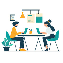 People working on laptops at shared office desk with modern interior design and decorative elements in flat minimalist style vector illustration