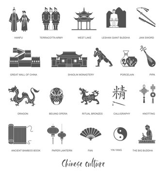 Chinese culture, art and historical heritage. Flat glyph icon. Traditional Chinese costume pagoda, bronze, porcelain, lanterns, calligraphy, Buddha statue, terracotta army