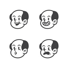 Cartoon vector of bald man face with four emotional expressions: angry, sad, furious, and worried. Perfect for emoji icons, reaction illustrations, character design, or comic projects