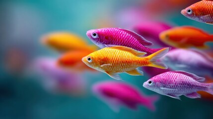 Fototapeta premium A captivating image of a school of vibrantly colored fish gracefully swimming in water.