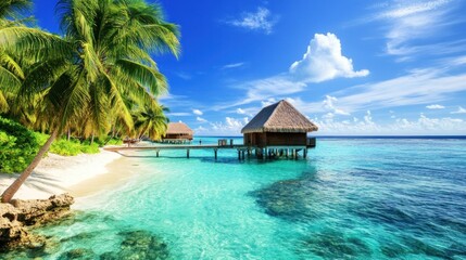 Tropical Tranquility Overwater Bungalows & Lush Vegetation on a Pristine Beach