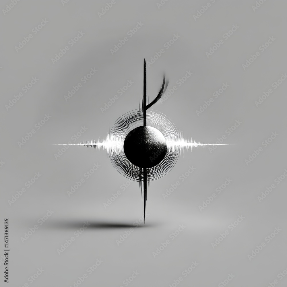 Poster abstract black hole: a concentric distortion of light and shadow on a gray background.