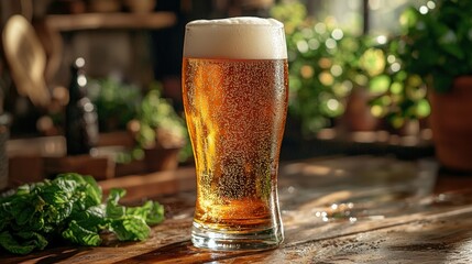 A refreshing glass of light beer with a foamy head sits on a wooden table, complemented by fresh green herbs and a bright, sunlit background in a kitchen.