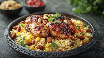 Fototapeta premium Roasted chicken over fragrant rice dish with nuts.