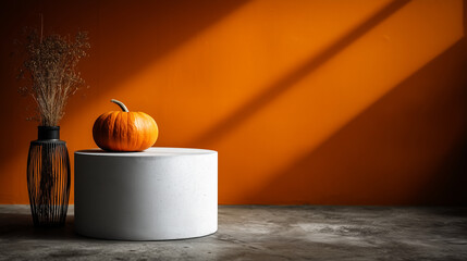round white podium on pastel orange seamless background, tiny Halloween lantern and decorative pumpkin