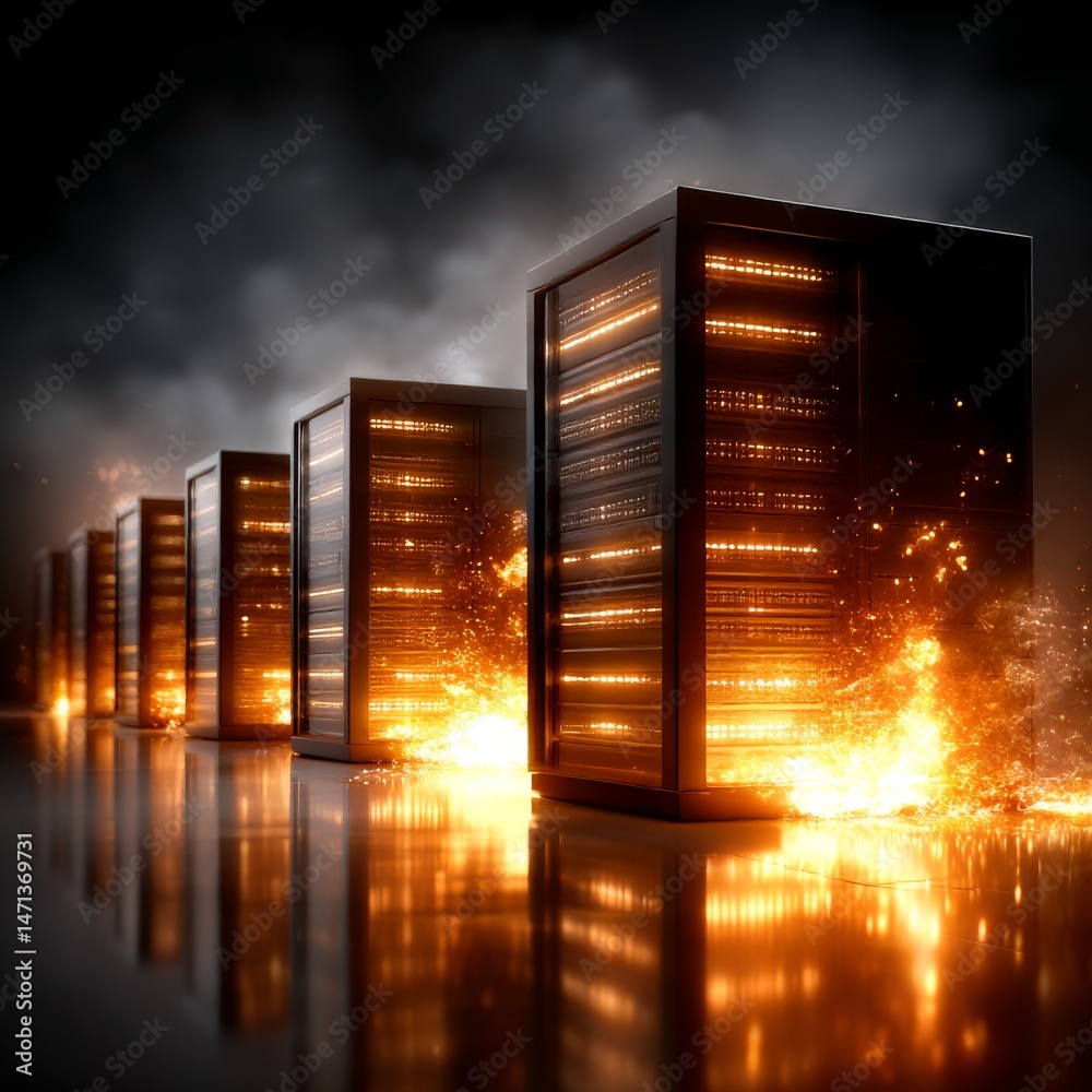 Poster data center inferno: servers ablaze in digital destruction with reflective floor and dark moody sky