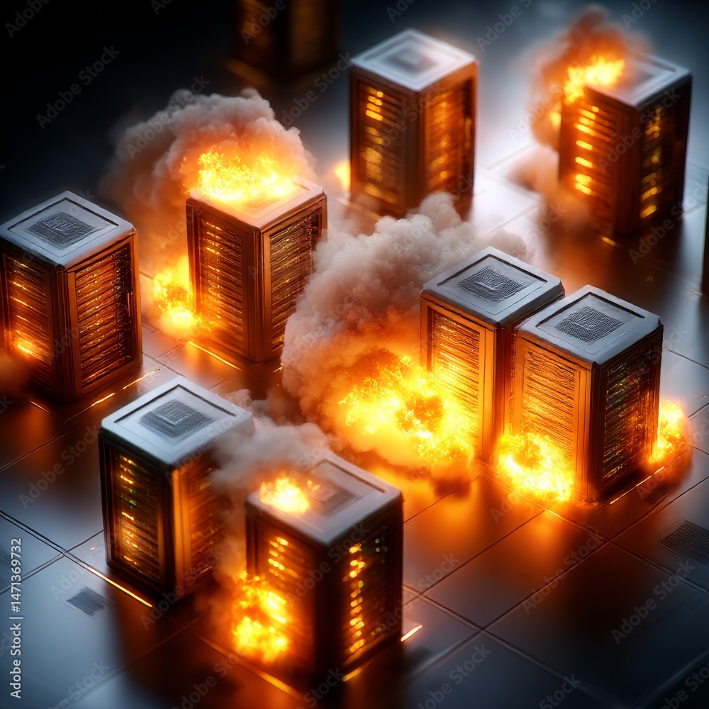Poster data center disaster: server racks engulfed in flames and smoke, outage and crisis in the digital re