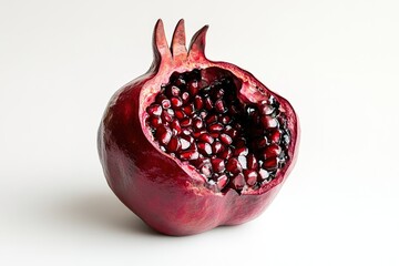 A bright, juicy pomegranate with a slightly cracked open rind, showcasing the ruby-red seeds inside, on a white background