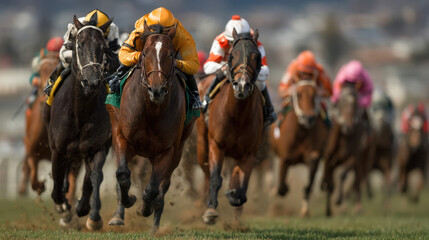 Intense Horse Race Jockeys and Thoroughbreds in a Close Up Action Shot