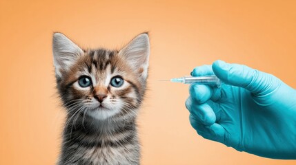 A kitten gets ready for a vaccine as the vet prepares the syringe for its health.