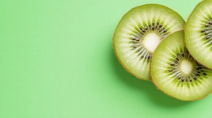 Three Slices of Fresh Green Kiwi on Pastel Green Background