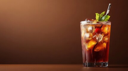 Refreshing dark rum cocktail with ice cubes, mint sprig, and cherry garnish served in tall glass against brown backdrop provides inviting summer refreshment.