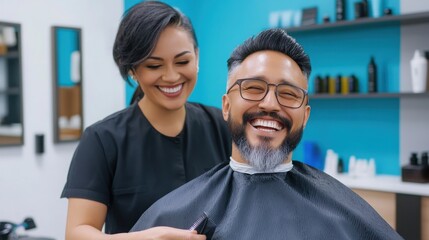 Obraz premium Hairdresser and client laughing during haircut, friendly interaction, warm ambient salon lighting