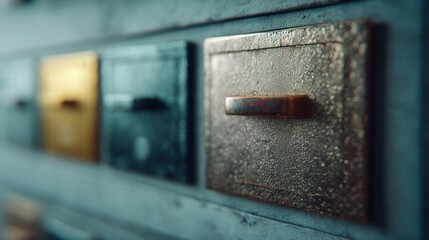 Close-up of weathered drawers in various colors, exuding vintage charm and texture.