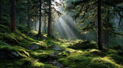 Fototapeta premium Sunlit Forest Path Green Trees and Sunlight Beams in Mountain Woods
