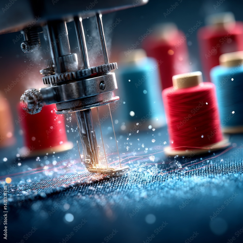 Aufkleber sewing machine close-up: crafting denim dreams with colorful threads, capturing the art of tailoring