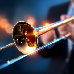 Fototapeta premium Shimmering Brass: A Close-Up of a Trombone's Bell Reflecting Lights in the Hands of a Musician, Capturing the Essence of Jazz